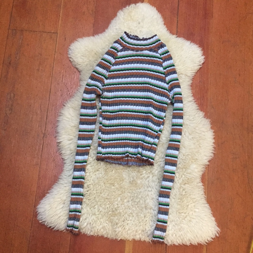 Free People Xs Mock Neck Stripe Ribbed Lettuce